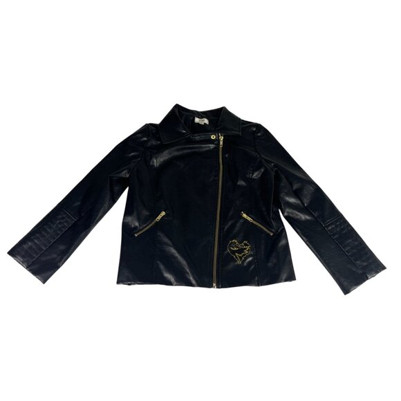 D-Signed Disney Descendants Faux Leather Moto Jacket Girls L Black Embroidered - Picture 1 of 10